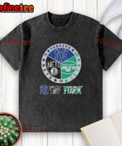 Washed t-shirt featuring combined logos of Yankees, Jets, and Nets representing New York City sports teams.