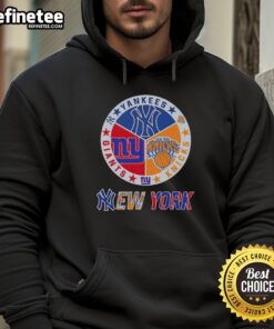 Nice New York City sports hoodie featuring Yankees, Knicks, and Giants logos for fans of NYC teams.