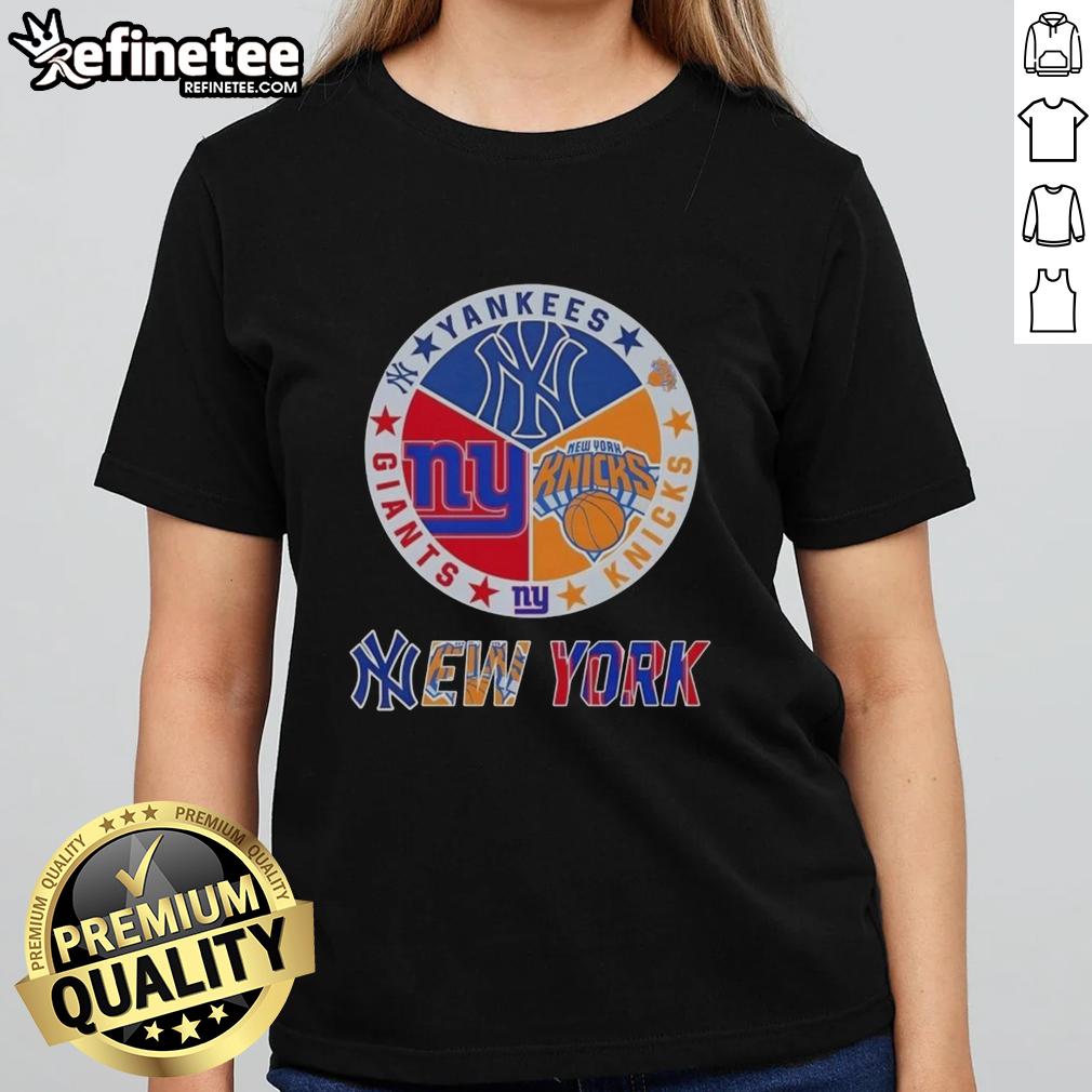 nice-new-york-city-sports-yankees-knicks-giants-logos-combine-ladies-tee Alt Text: Ladies tee featuring combined logos of New York Yankees, Knicks, and Giants for sports fans in NYC.