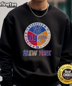 Cozy sweatshirt featuring Yankees, Knicks, and Giants logos, perfect for sports fans in New York City.