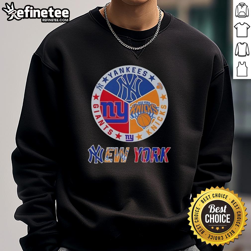nice-new-york-city-sports-yankees-knicks-giants-logos-combine-sweatshirt Cozy sweatshirt featuring Yankees, Knicks, and Giants logos, perfect for sports fans in New York City.