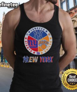 Alt Text: Trendy tank top featuring New York Yankees, Knicks, and Giants logos, perfect for NYC sports fans.