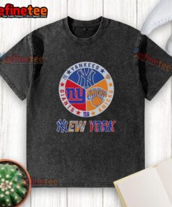 Alt Text: Washed t-shirt featuring combined logos of Yankees, Knicks, and Giants, perfect for NYC sports fans.