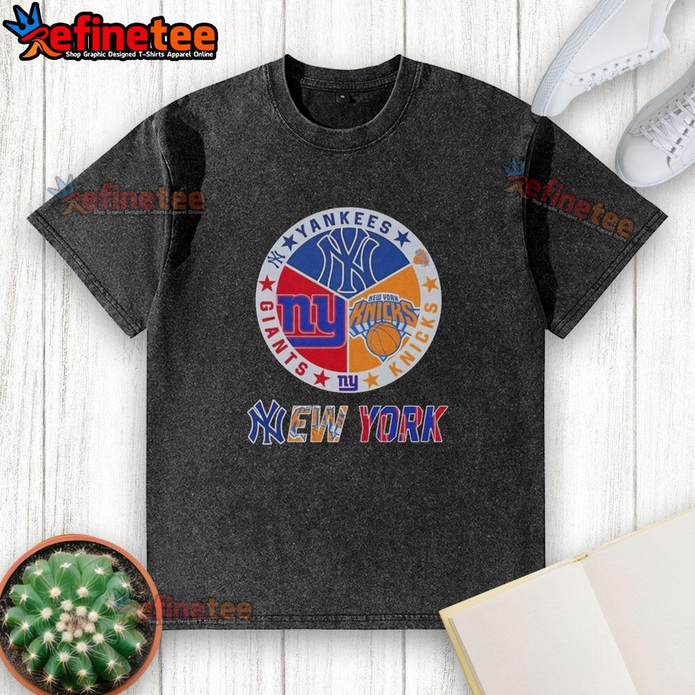 nice-new-york-city-sports-yankees-knicks-giants-logos-combine-washed-t-shirt Alt Text: Washed t-shirt featuring combined logos of Yankees, Knicks, and Giants, perfect for NYC sports fans.