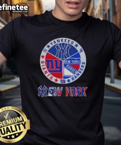 Alt Text: Nice New York City Sports Yankees Rangers Giants logos combine T-Shirt showcasing iconic NYC team designs.