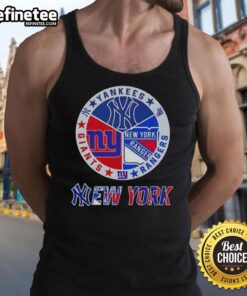 Alt Text: Stylish tank top featuring combined logos of New York Yankees, Rangers, and Giants for sports fans in NYC.