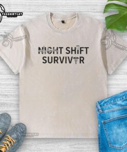 Nice Night Shift Survivor Heartbeat and Nurse Symbol on a Washed T-Shirt, ideal for dedicated healthcare professionals.