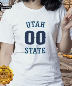 Alt Text: Utah State Aggies men's basketball ladies tee featuring nice number 00 design, perfect for fans and casual wear.