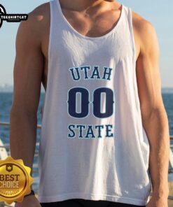 Alt Text: Men's basketball tank top featuring Nice Number 00 for Utah State Aggies, perfect for fans and athletes.