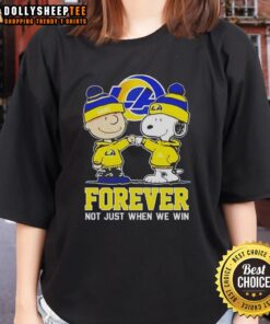 Nice Peanut Snoopy and Charlie Brown Los Angeles Rams Forever Tee for ladies, perfect for Rams fans and game day.
