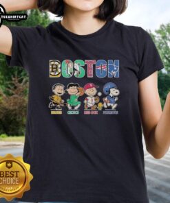 Nice Peanuts characters graphic on a ladies tee featuring Boston Bruins, Celtics, Red Sox, and Patriots logos.