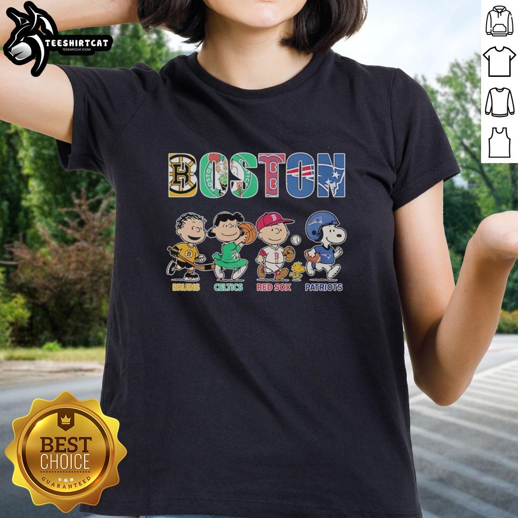 nice-peanuts-characters-x-boston-bruins-boston-celtics-boston-red-sox-new-england-patriots-ladies-tee Nice Peanuts characters graphic on a ladies tee featuring Boston Bruins, Celtics, Red Sox, and Patriots logos.