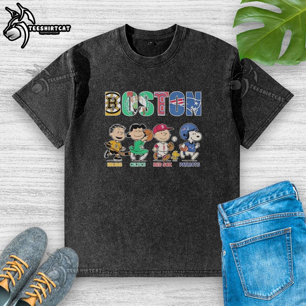 nice-peanuts-characters-x-boston-bruins-boston-celtics-boston-red-sox-new-england-patriots-washed-t-shirt Alt Text: Nice Peanuts characters T-shirt featuring Boston Bruins, Celtics, Red Sox, and Patriots logos in a washed design.