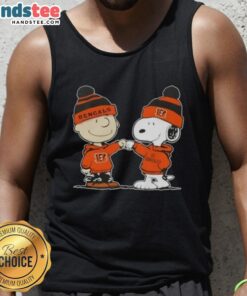 Charlie Brown and Snoopy fist bump in Cincinnati Bengals tank top, celebrating Nice Peanuts football spirit.