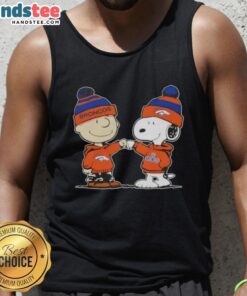 Charlie Brown and Snoopy fist bump in Denver Broncos tank top, showcasing Nice Peanuts football fan spirit.