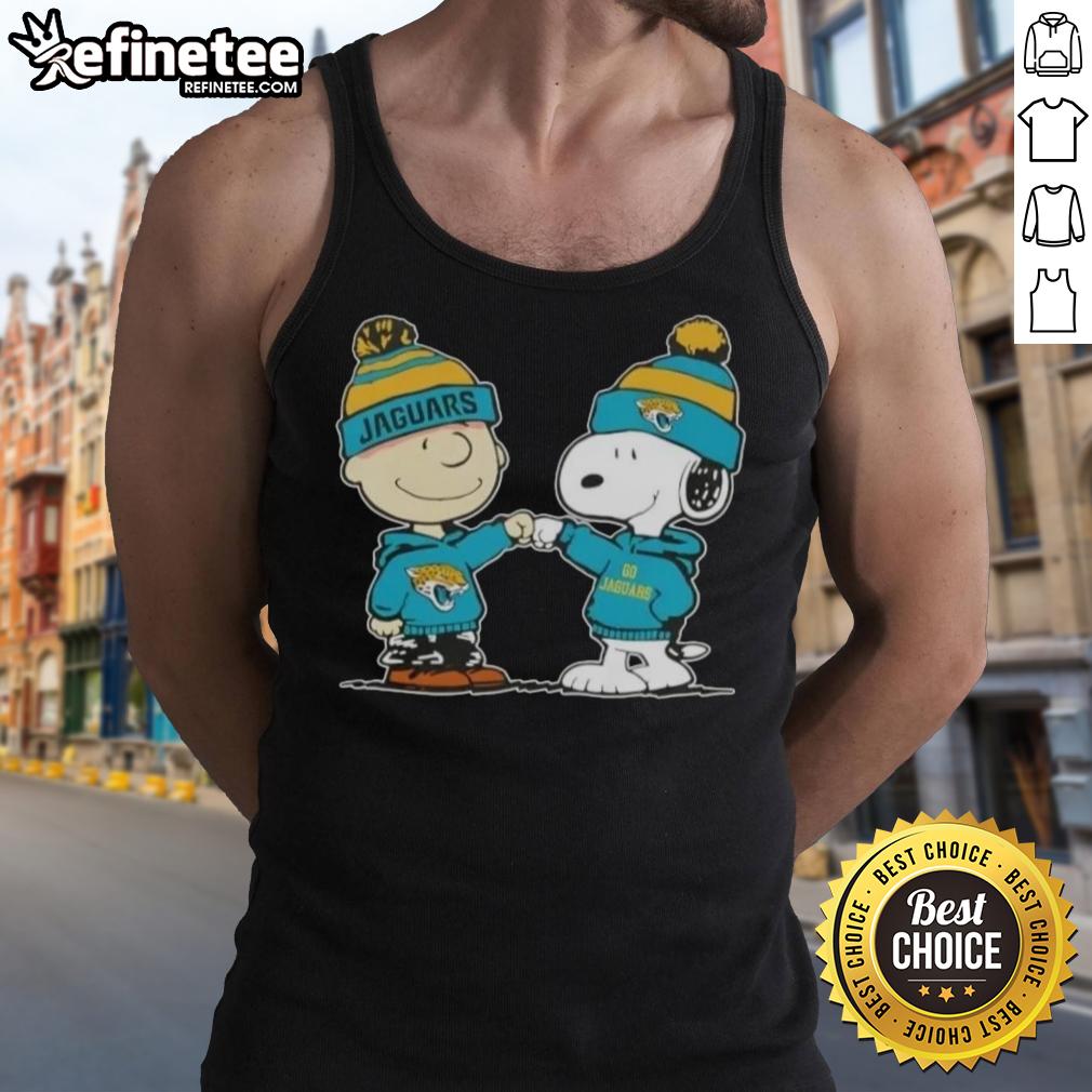 nice-peanuts-charlie-brown-fist-bump-snoopy-x-jacksonville-jaguars-football-tank-top Charlie Brown and Snoopy fist bump in a Nice Peanuts tank top featuring Jacksonville Jaguars football design.