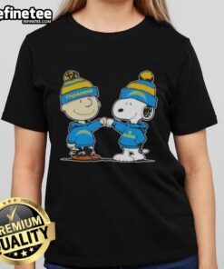 Alt Text: Charlie Brown and Snoopy fist bump in Nice Peanuts tee, supporting Los Angeles Chargers football, perfect for fans.