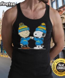 Alt Text: Charlie Brown and Snoopy fist bump on a Los Angeles Chargers football tank top featuring Nice Peanuts design.