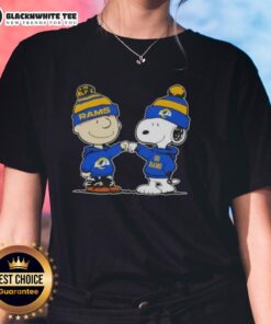 Charlie Brown and Snoopy fist bump on a Los Angeles Rams football ladies tee, celebrating friendship and team spirit.