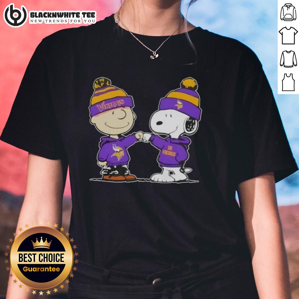 Nice Peanuts Charlie Brown Fist Bump Snoopy X Minnesota Vikings Football Ladies-Tee Alt Text: Charlie Brown and Snoopy fist bump in Minnesota Vikings football ladies tee featuring Peanuts design.