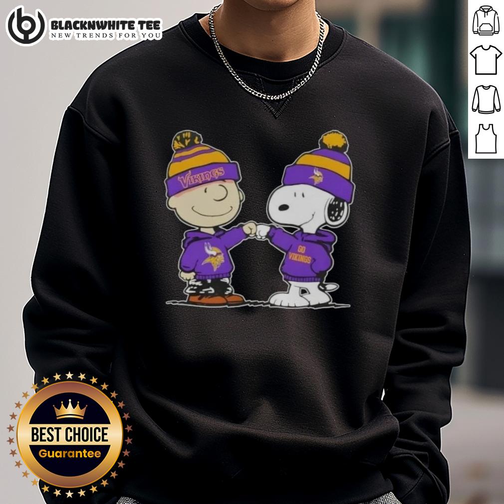 Nice Peanuts Charlie Brown Fist Bump Snoopy X Minnesota Vikings Football Sweatshirt Alt Text: Charlie Brown and Snoopy fist bump in Minnesota Vikings sweatshirt, celebrating Peanuts fandom and football spirit.
