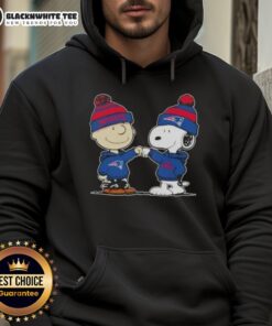 Alt Text: Charlie Brown and Snoopy fist bump in New England Patriots hoodie, celebrating friendship and football spirit.