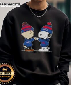 Alt Text: Charlie Brown and Snoopy fist bump in a Nice Peanuts sweatshirt featuring New England Patriots football design.