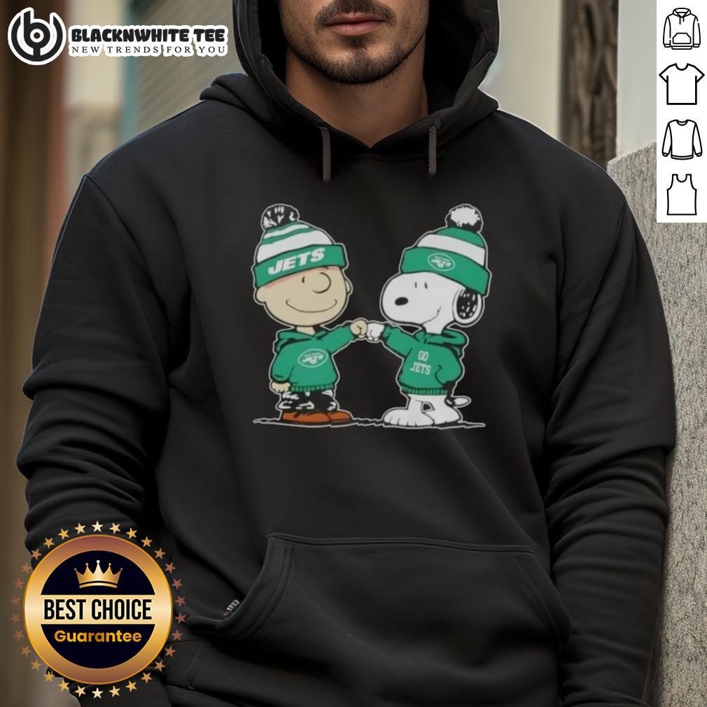 Nice Peanuts Charlie Brown Fist Bump Snoopy X New York Jets Football Hoodie Charlie Brown and Snoopy fist bump in a New York Jets football hoodie, showcasing a fun Nice Peanuts design.