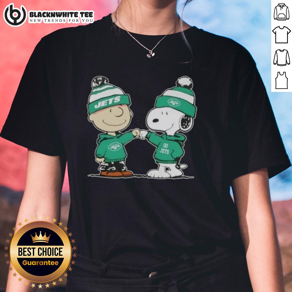 Nice Peanuts Charlie Brown Fist Bump Snoopy X New York Jets Football Ladies Tee Charlie Brown fist bumping Snoopy in New York Jets football tee - Nice Peanuts design for ladies.