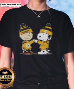 Charlie Brown and Snoopy fist bump in Pittsburgh Steelers football ladies tee design for Peanuts fans.