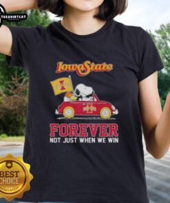 Alt Text: Snoopy driving a car in Iowa State Cyclones tee, celebrating fandom with 'Forever, Not Just When We Win' slogan.