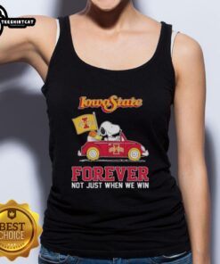 Alt Text: Snoopy driving a car in a tank top, celebrating Iowa State Cyclones with 'Forever, Not Just When We Win' slogan.
