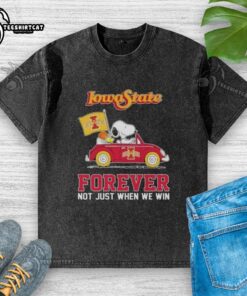 Alt Text: Snoopy driving a car in a 'Forever Not Just When We Win' Iowa State Cyclones t-shirt featuring peanuts design.
