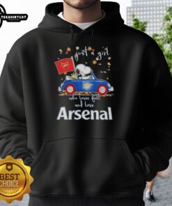 Alt Text: Snoopy driving a car wearing a hoodie, 'Just a girl who loves fall and Arsenal FC', featuring nice peanuts design.