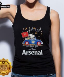 Cute tank top featuring Snoopy driving a car, perfect for girls who love fall and Arsenal FC.