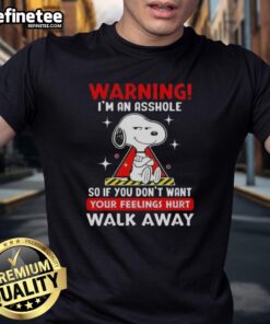 Alt Text: Funny Peanuts Snoopy t-shirt with 'I'm an Asshole' warning, perfect for casual wear and humor lovers.