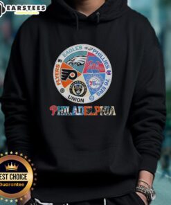 Nice Philadelphia Teams hoodie featuring Flyers, Eagles, Phillies, 76ers, and Union logos for sports fans.