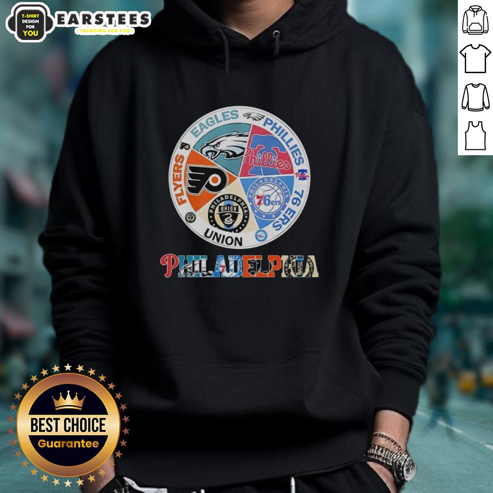nice-philadelphia-teams-flyers-eagles-phillies-76-ers-union-hoodie Nice Philadelphia Teams hoodie featuring Flyers, Eagles, Phillies, 76ers, and Union logos for sports fans.