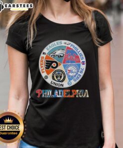 Nice Philadelphia Teams Ladies Tee featuring Flyers, Eagles, Phillies, 76ers, and Union logos for sports fans.