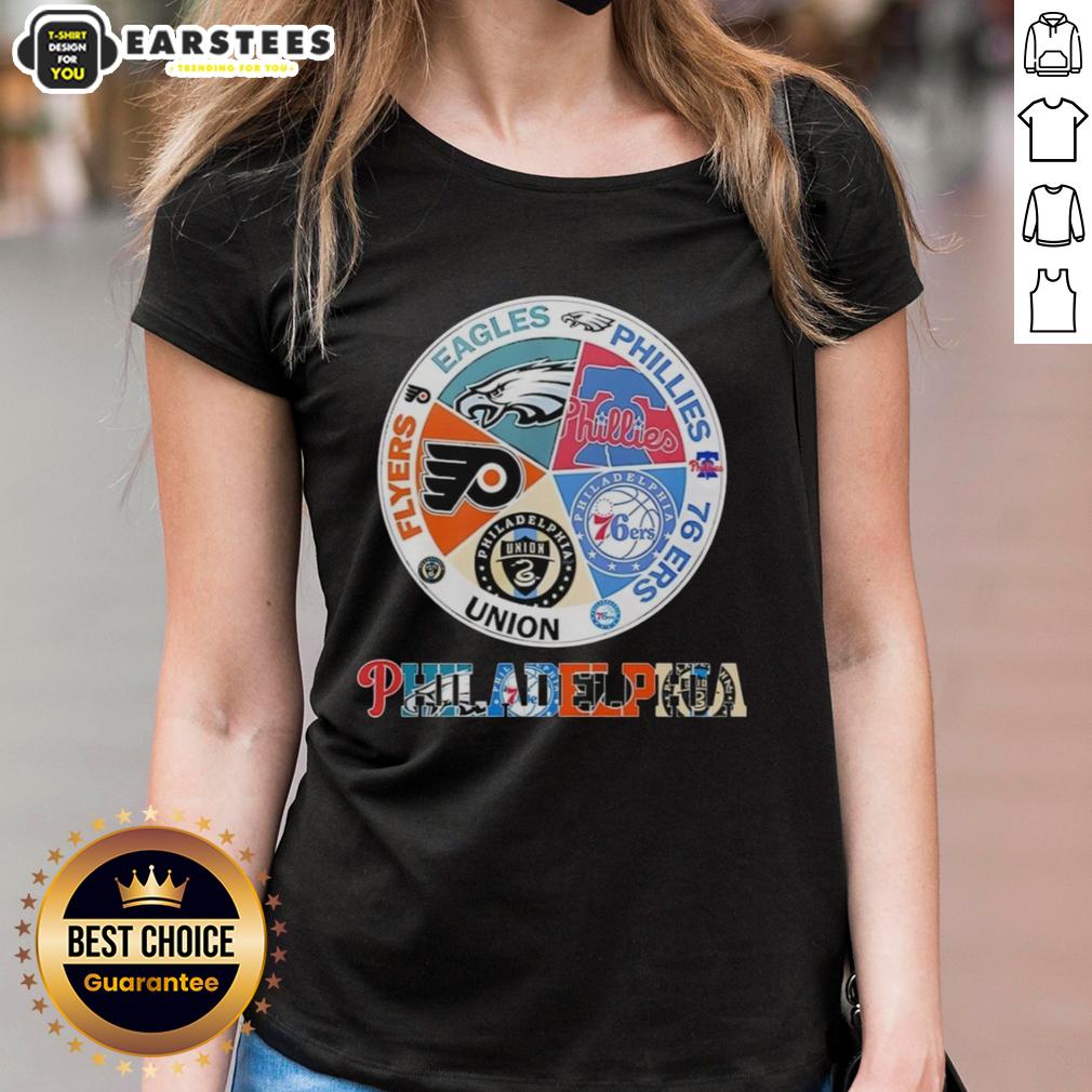 nice-philadelphia-teams-flyers-eagles-phillies-76-ers-union-ladies-tee Nice Philadelphia Teams Ladies Tee featuring Flyers, Eagles, Phillies, 76ers, and Union logos for sports fans.