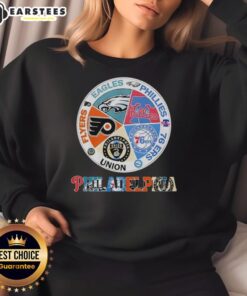 Cozy sweatshirt featuring Philadelphia teams: Flyers, Eagles, Phillies, 76ers, and Union for sports fans.