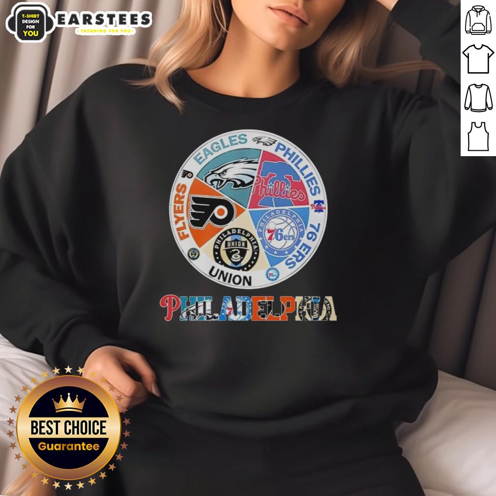 nice-philadelphia-teams-flyers-eagles-phillies-76-ers-union-sweatshirt Cozy sweatshirt featuring Philadelphia teams: Flyers, Eagles, Phillies, 76ers, and Union for sports fans.