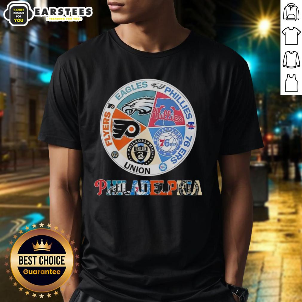 nice-philadelphia-teams-flyers-eagles-phillies-76-ers-union-t-shirt-1 Nice Philadelphia Teams Flyers Eagles Phillies 76ers Union T-Shirt featuring logos of all four teams in vibrant colors.