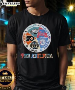 Nice Philadelphia Teams Flyers Eagles Phillies 76ers Union T-Shirt featuring logos of all four teams in vibrant colors.