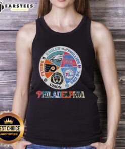 Philadelphia teams tank top featuring Flyers, Eagles, Phillies, 76ers, and Union logos for sports fans.