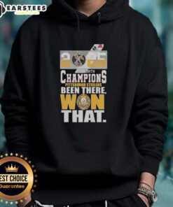 Alt Text: Pittsburgh Steelers 2025 AFC North Champions hoodie showcasing 'Been There, Won That' slogan in team colors.