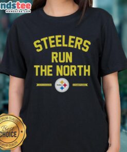 Alt Text: 2025 Pittsburgh Steelers Run the North Division Champions ladies tee, featuring team colors and logo design.