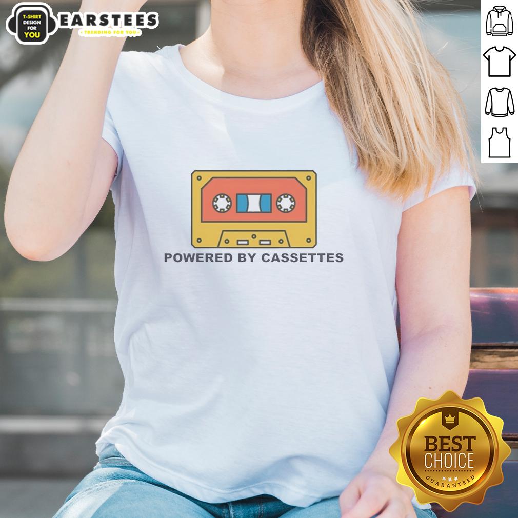 nice-powered-by-cassettes-ladies-tee Alt Text: Nice Powered By Cassettes Ladies Tee featuring a stylish design with vibrant cassette graphics on a comfortable fit.