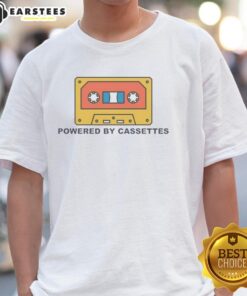 Alt Text: Nice Powered By Cassettes T-Shirt featuring a retro cassette design, perfect for music lovers and vintage style enthusiasts.