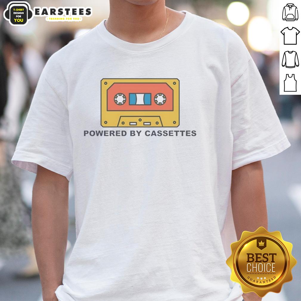 nice-powered-by-cassettes-t-shirt Alt Text: Nice Powered By Cassettes T-Shirt featuring a retro cassette design, perfect for music lovers and vintage style enthusiasts.